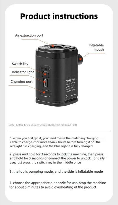 Mini Portable Air Pump USB Rechargeable Inflate Deflate - Smarsty