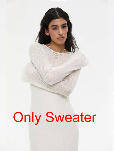 Hirsionsan Spring Autumn O-Neck Elastic Knit Long Dresses Women 2024 Elegant Chic Soft Lady Hollowing Sweater Dresses Femme New - Smarsty