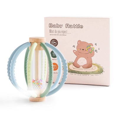 Baby Rattle Toy Wooden Rain Drum With Silicone Baby Sensory Touch Toy Newborn Dental Care Gum Anti-eating Hand Molar Stick Gif by Smarsty