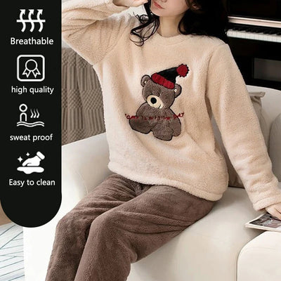 2pcs/Set Large Size Padded Thickened Warm Fall And Winter Women's Pajamas Long-Sleeved Long Pants Set Coral Velvet Cartoon Bear - Smarsty