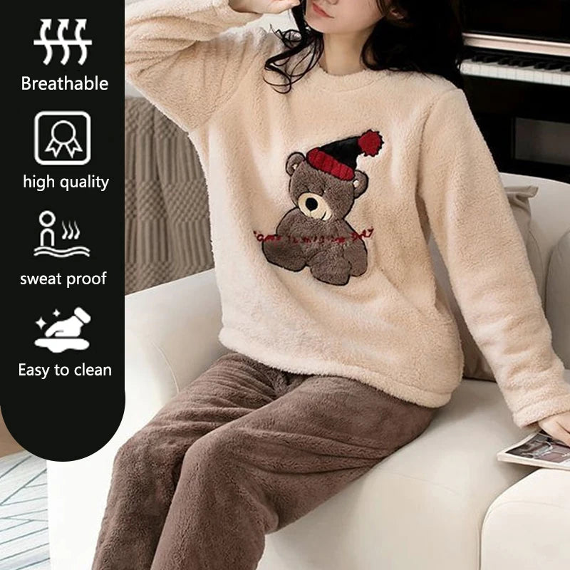 2pcs/Set Large Size Padded Thickened Warm Fall And Winter Women's Pajamas Long-Sleeved Long Pants Set Coral Velvet Cartoon Bear - Smarsty