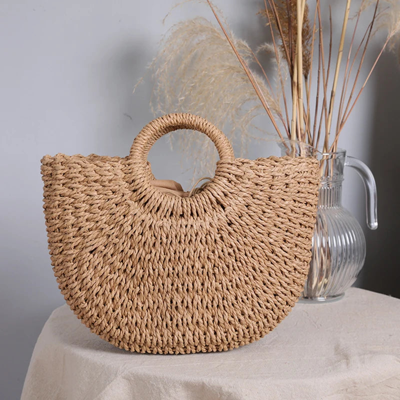 Summer Handmade Straw Bag for Women Beach Tote Moon Shaped - Smarsty