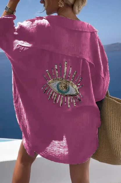 Casual Bright Sequin Evil Eye Shirt Women Summer Fashion Long Sleeve Loose Long Blouse Streetwear Turn-down Collar Cotton Tops - Smarsty