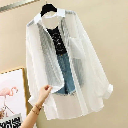 Summer Sunscreen Shirt Elegant Perspective Thin Chiffon Blouse Korean Harajuku See Through Loose Top Casual Women's Cardigan - Smarsty