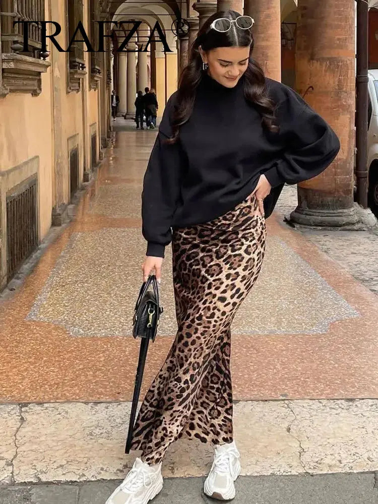 TRAFZA 2024 Women Fashion Leopard Print Skirt Vintage High Waist Midi Skirts Elegant Women Summer Casual Streetwear Skirt - Smarsty
