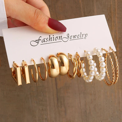 Gold Color Vintage Geometric Pearl Earrings Set For Women - Smarsty