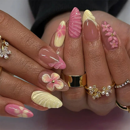 Colorful Press On Almond Nails Set with Pearl Flowers - Smarsty