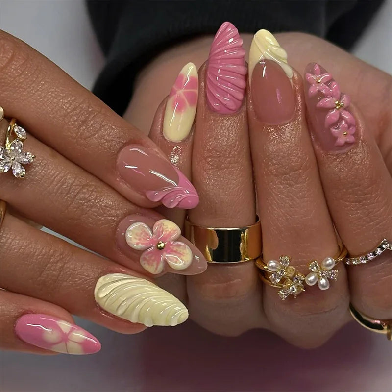 Colorful Press On Almond Nails Set with Pearl Flowers - Smarsty