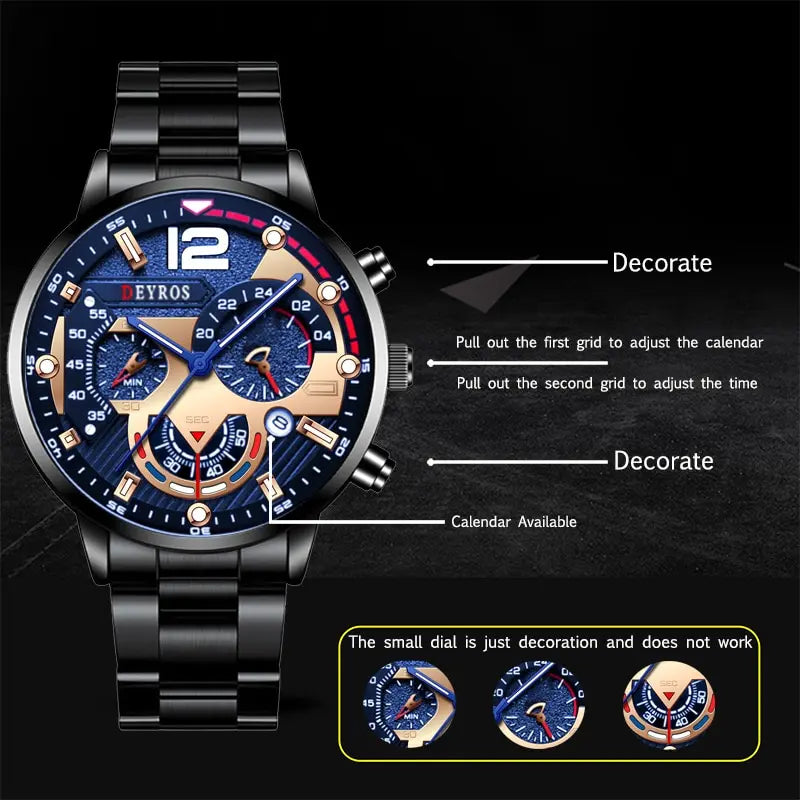 Luxury Mens Stainless Steel Quartz Watch with Calendar - Smarsty