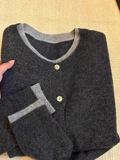 Fake two 100% pure cashmere sweater cardigan dark grey high-grade wool knit coat top - Smarsty