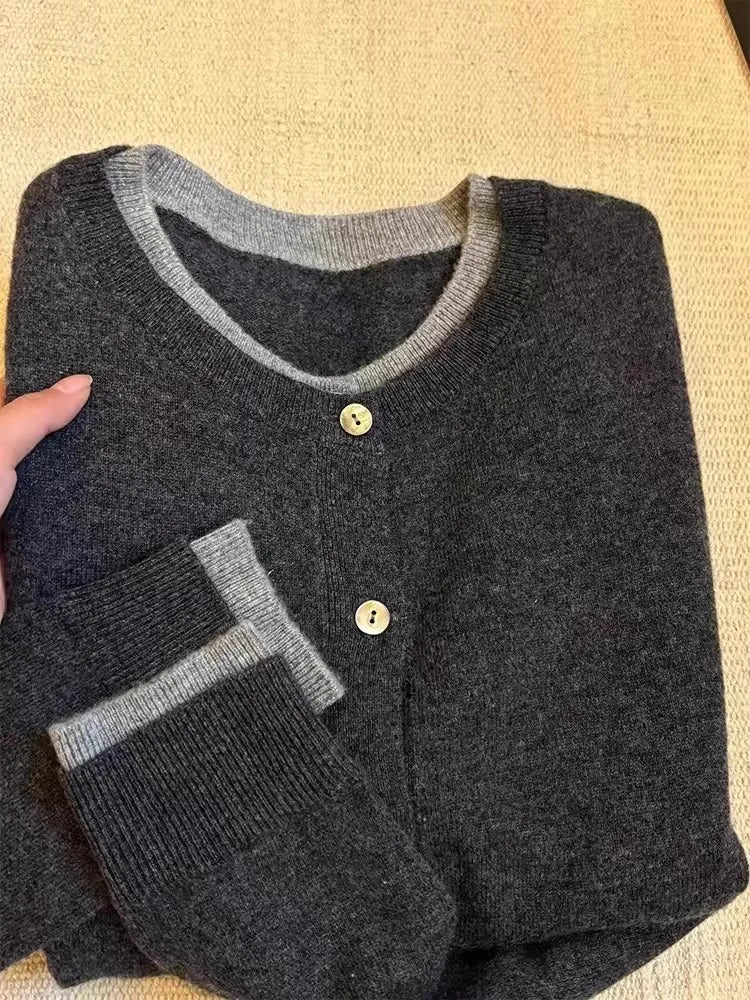 Fake two 100% pure cashmere sweater cardigan dark grey high-grade wool knit coat top - Smarsty