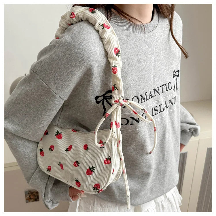 Corduroy Underarm Bag For Women Strawberry Print Mini Tote - Smarsty