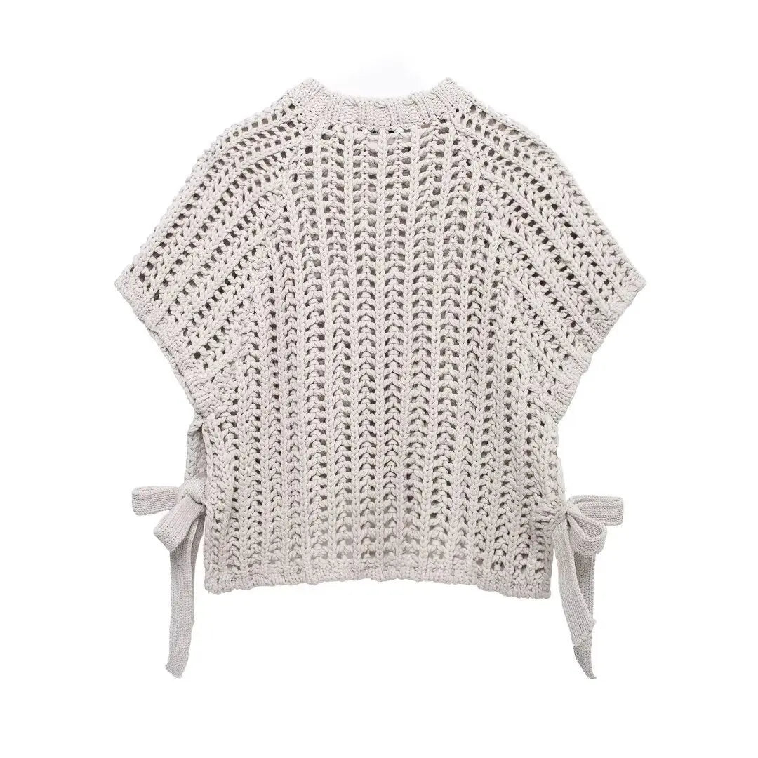 Hollow Out Knit Pullover Women Casual Round Neck Lace Up Bow Sweater Female Autumn Short Sleeves Solid Knitwears Lady - Smarsty