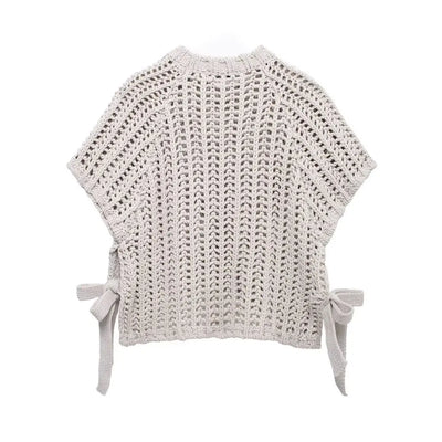 Hollow Out Knit Pullover Women Casual Round Neck Lace Up Bow Sweater Female Autumn Short Sleeves Solid Knitwears Lady - Smarsty