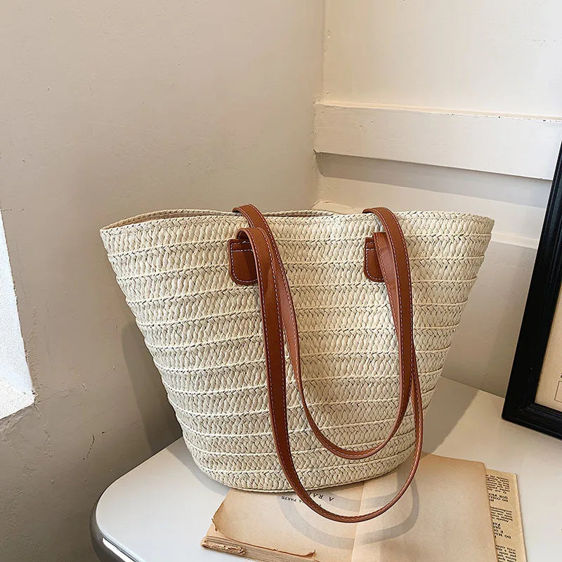 Large Capacity Straw Beach Tote Woven Shoulder Bag Summer - Smarsty