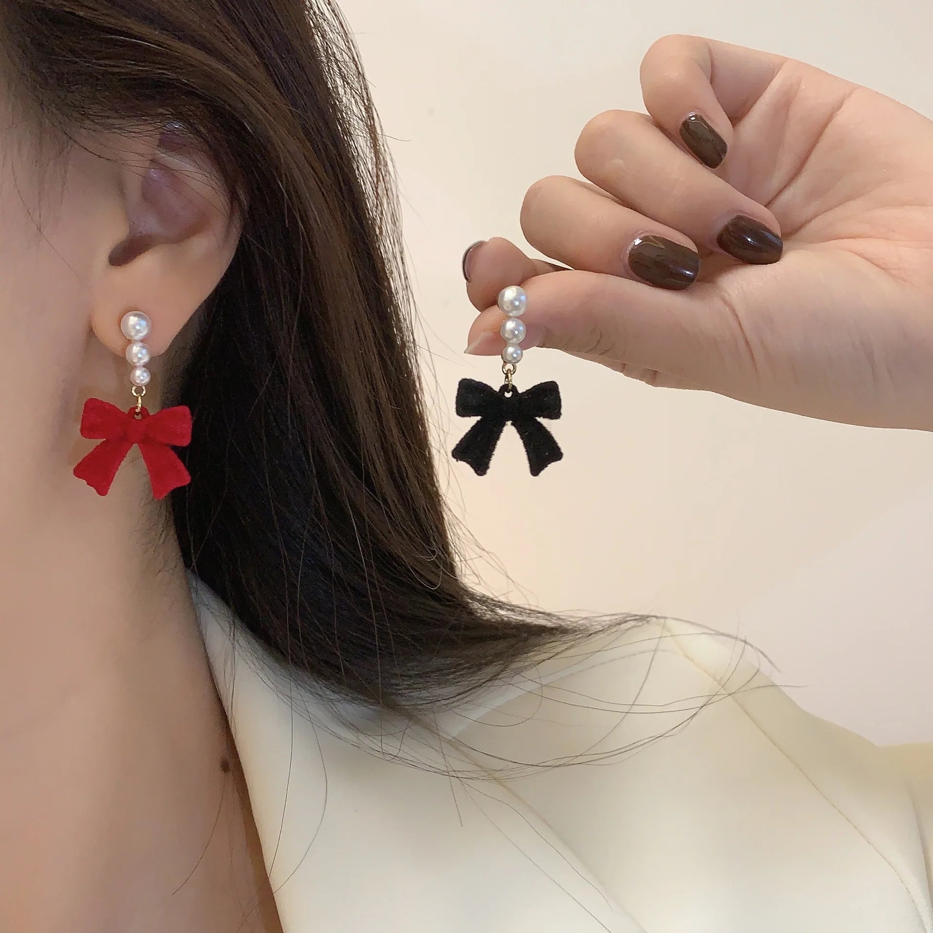 Red Black Bowtie Earrings with Simulated Pearls for Women - Smarsty