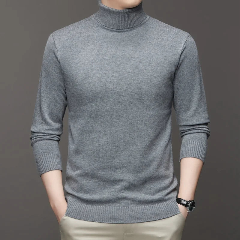 Autumn Mens High Quality Knitted Turtleneck Sweater Slim Fit Long Sleeve Anti-pilling Pullover Solid Color Trend Men Streetwea - Smarsty