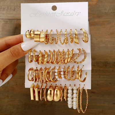 Boho Gold Circle Hoop Earrings Set with Vintage Pearl Design - Smarsty