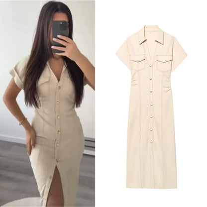 ETJ 2025  Spring New 1975 series denim MIDI dress with lapel side zipper fashion wrinkle waist slim elegant dress
