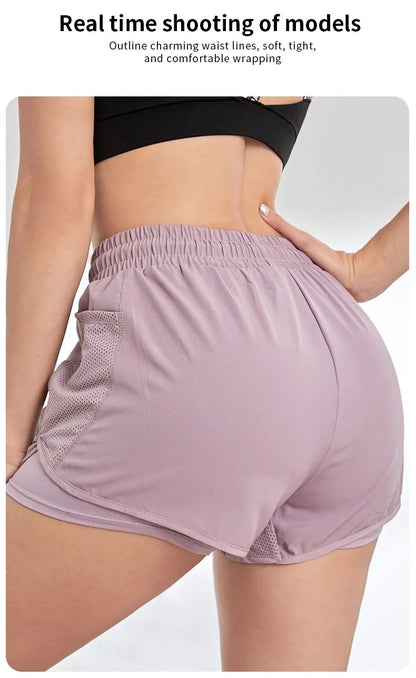 Women's Elastic Sports Shorts, Shorts With Pockets, Fake Two-Piece Yoga Leggings Running And Training - Smarsty