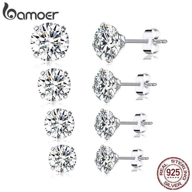 Bamoer CZ Stud Earrings 925 Sterling Silver Platinum Plated Round Cubic Zirconia Hypoallergenic Barbell Earrings 4-7mm - Smarsty