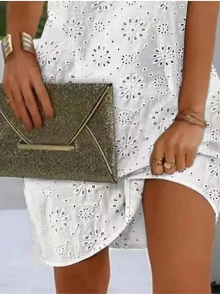 Elegant Dresses V-Neck Eyelet Embroidery Tied Detail Sleeveless Mini Straight Dress Vacation Fashion Summer Dress - Smarsty