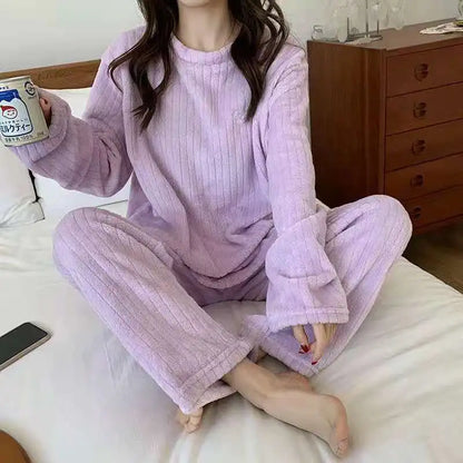 Autumn Women Solid Warm 2 Piece Sets Thicken Velvet Ribbed Fleece Set Pullover And Pants Women Casual Pajama Sets 2024 - Smarsty