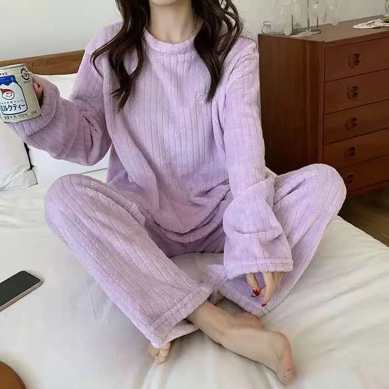 Autumn Women Solid Warm 2 Piece Sets Thicken Velvet Ribbed Fleece Set Pullover And Pants Women Casual Pajama Sets 2024 - Smarsty