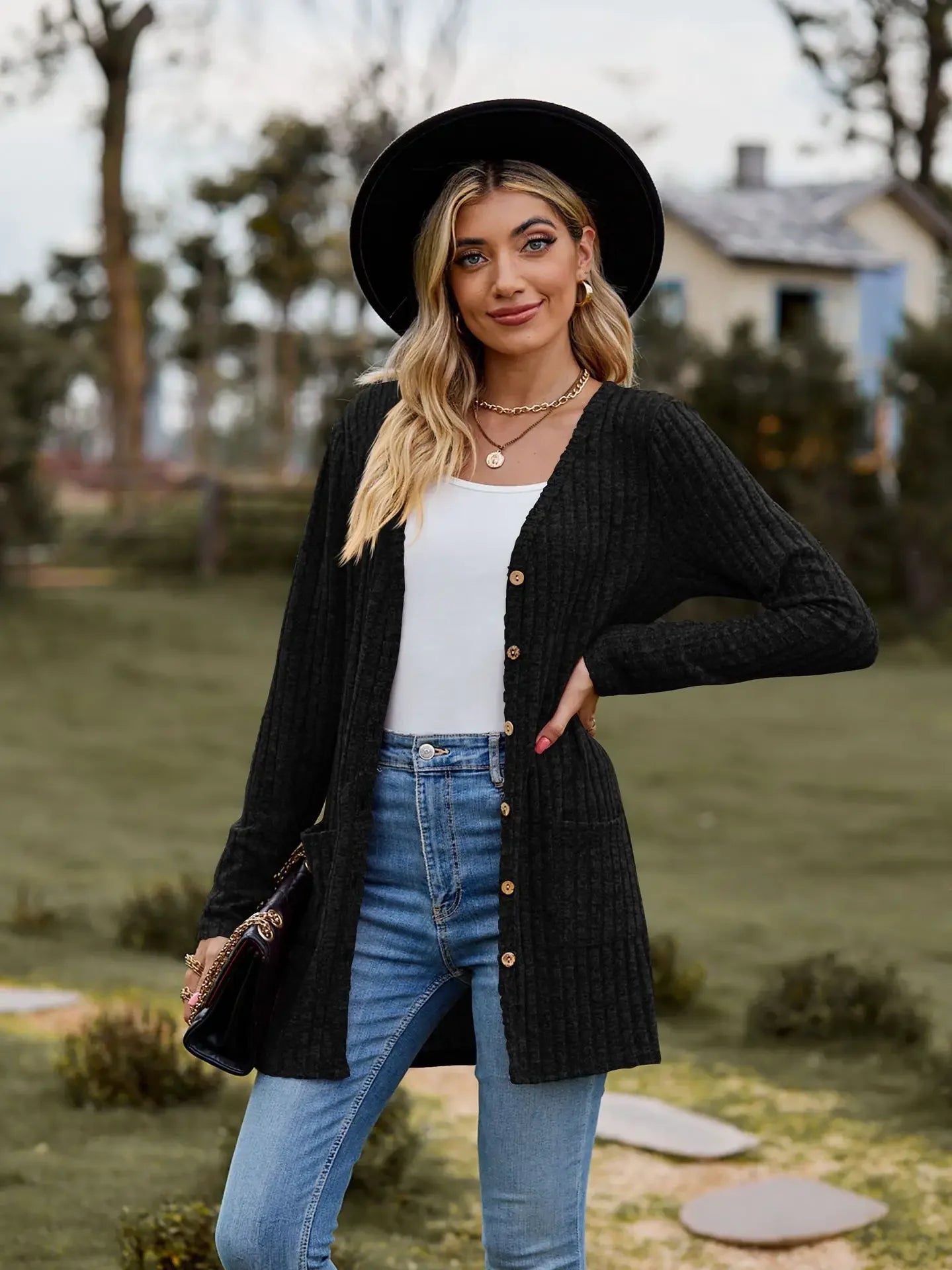 Autumn New Women's Milled Pit Stripe V-Neck Solid Colour Button Long Sleeve Ladies Casual Extensions Cardigan Jacket Coat - Smarsty