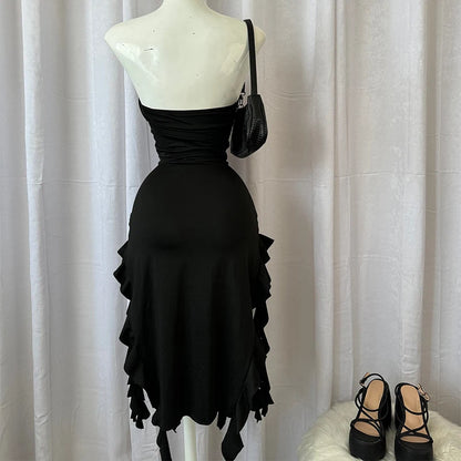 Women Strapless Sexy Floral Fold Hemline High Slit Mini Dress 2024 Solid Backless Sleeveless Black And Pink Party Dress Vestidos - Smarsty