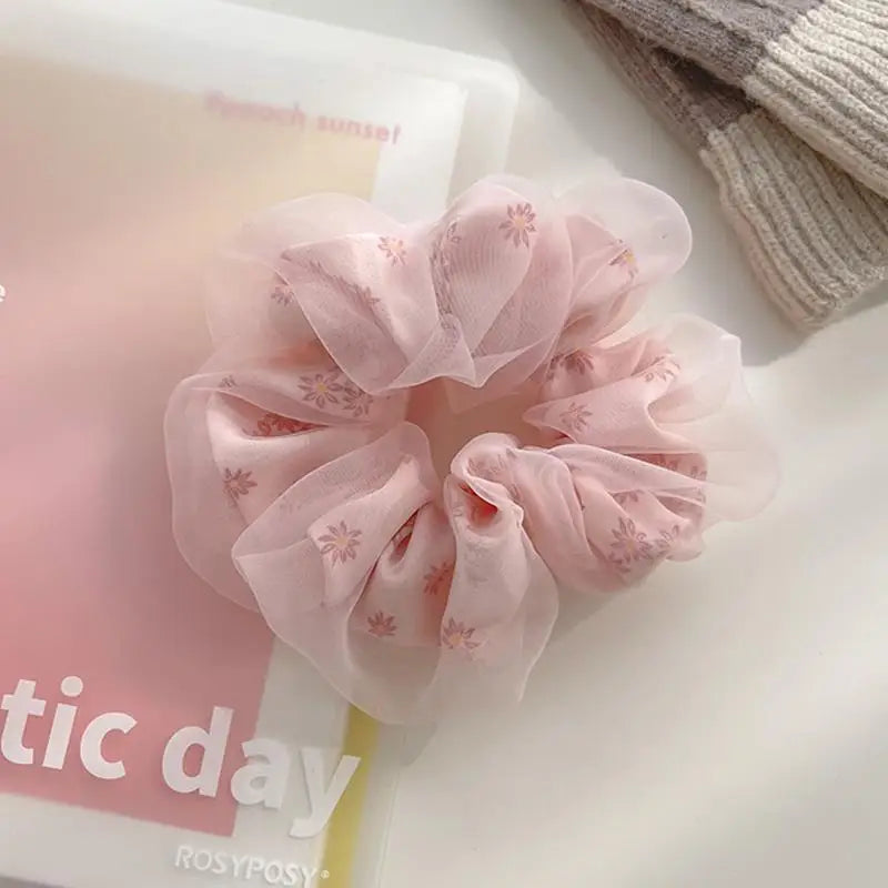 Double Layer Silk Hair Scrunchies Floral Soft Ponytail - Smarsty