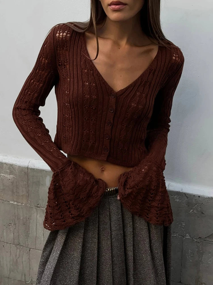TARUXY Hollow Knitted Cardigan Women's Solid Long Sleeve V Neck Short Sweater Top Summer 2025 New Female Crochet Casual Outwear