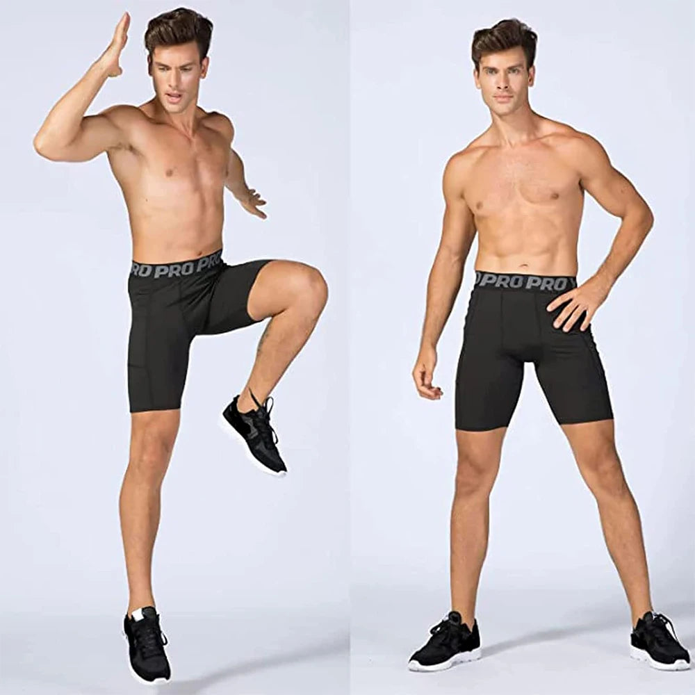 Mens Gym Shorts with Pockets Workout Compression Leggings for Men Polyester Boxer Briefs Running Basketball Athletic Tights - Smarsty