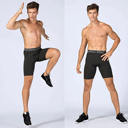 Mens Gym Shorts with Pockets Workout Compression Leggings for Men Polyester Boxer Briefs Running Basketball Athletic Tights - Smarsty