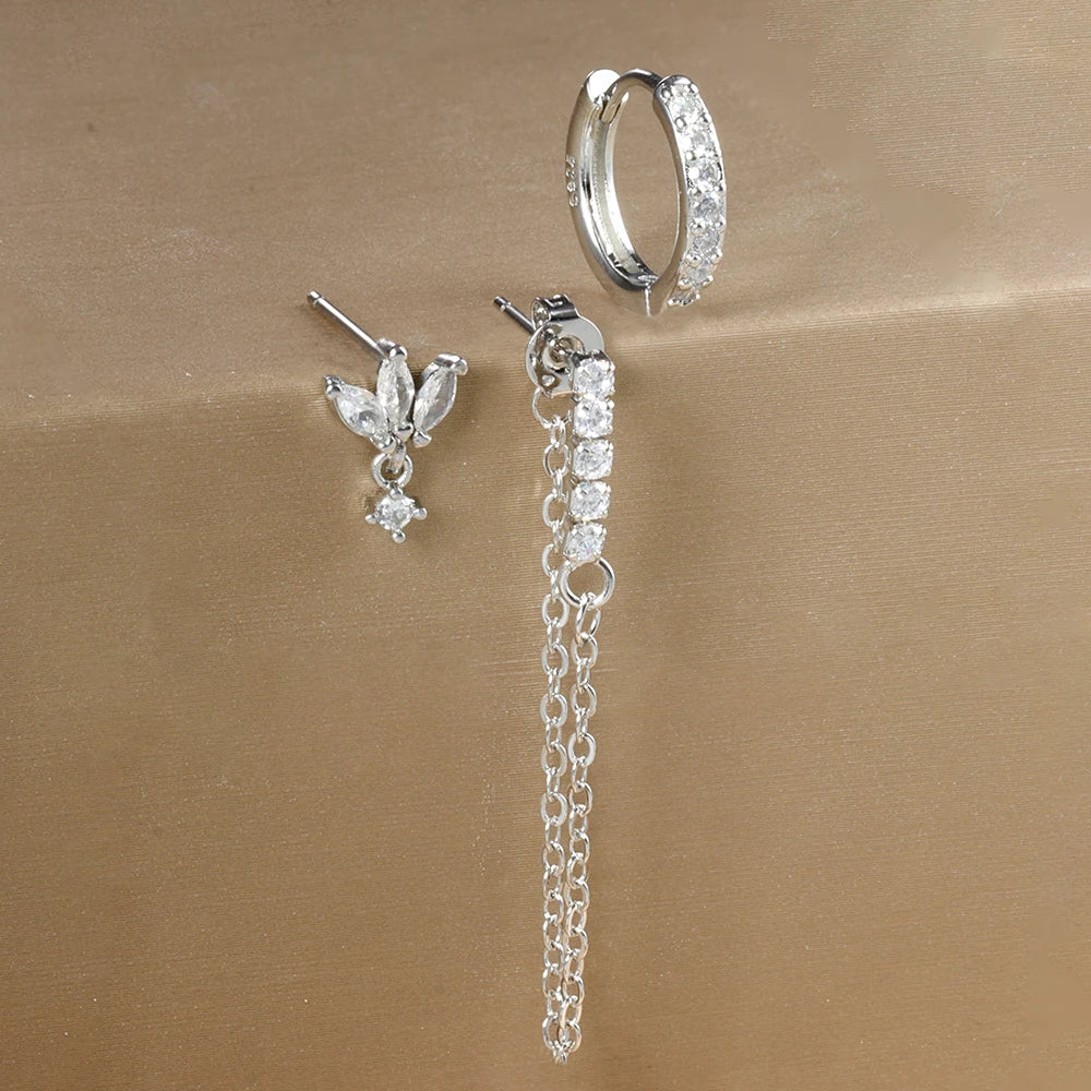 3Pc Stainless Steel Star Stud Earrings Sparkling Zircon - Smarsty