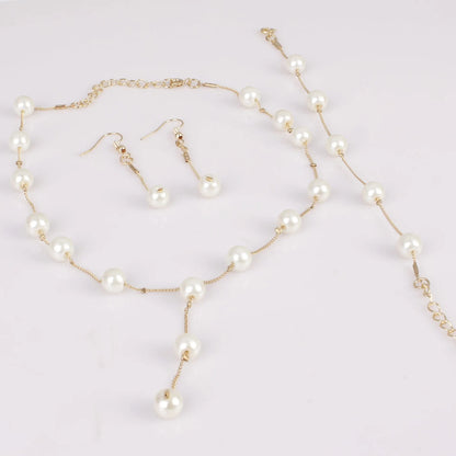 Gold Tone Necklace Earrings Bracelet Set With Tassel Pearls - Smarsty