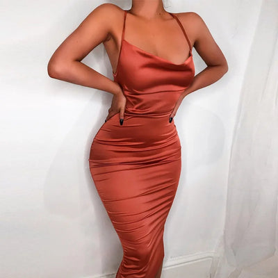 Neon Satin Lace Up Women's Long Midi Dress Light Pink Bodycon Backless Elegant Party Sexy Club Clothes 2022 Summer Dinner Outfit - Smarsty