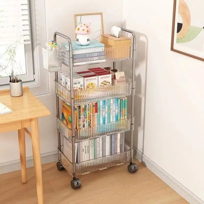 3/4 Layer Rolling Trolley Storage Rack Movable Trolley With Hanging Basket Bathroom Storage Makeup Snack Organizer Transparent