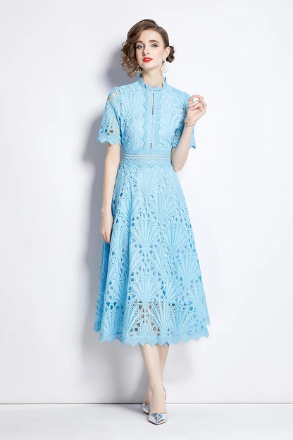 H Han Queen Spring New Elegant Casual Work Party Dresses Floral Crochet Hollow Out Lace Patchwork Casual Office Midi Dress - Smarsty
