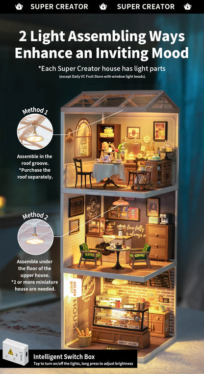 Robotime Rolife Super Creator Series Plastic Dollhouse Building Blocks for Kids Yum Burgers Leisurely Cheers Bar Sweet Sips Tea