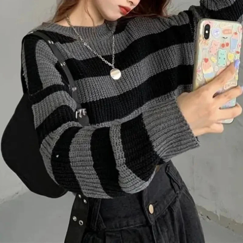 Korean Style Striped Cropped Sweater Women Vintage Oversize Knit Jumper Female Autumn Long Sleeve O-neck Pullovers Tops - Smarsty