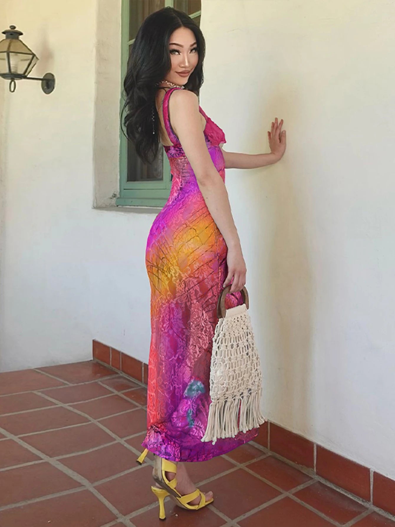Dulzura Lace Print Cut Out Maxi Dress Bodycon Sexy Party Club Y2K Outfits Streetwear Bandage Dress Vestido Classic Prom