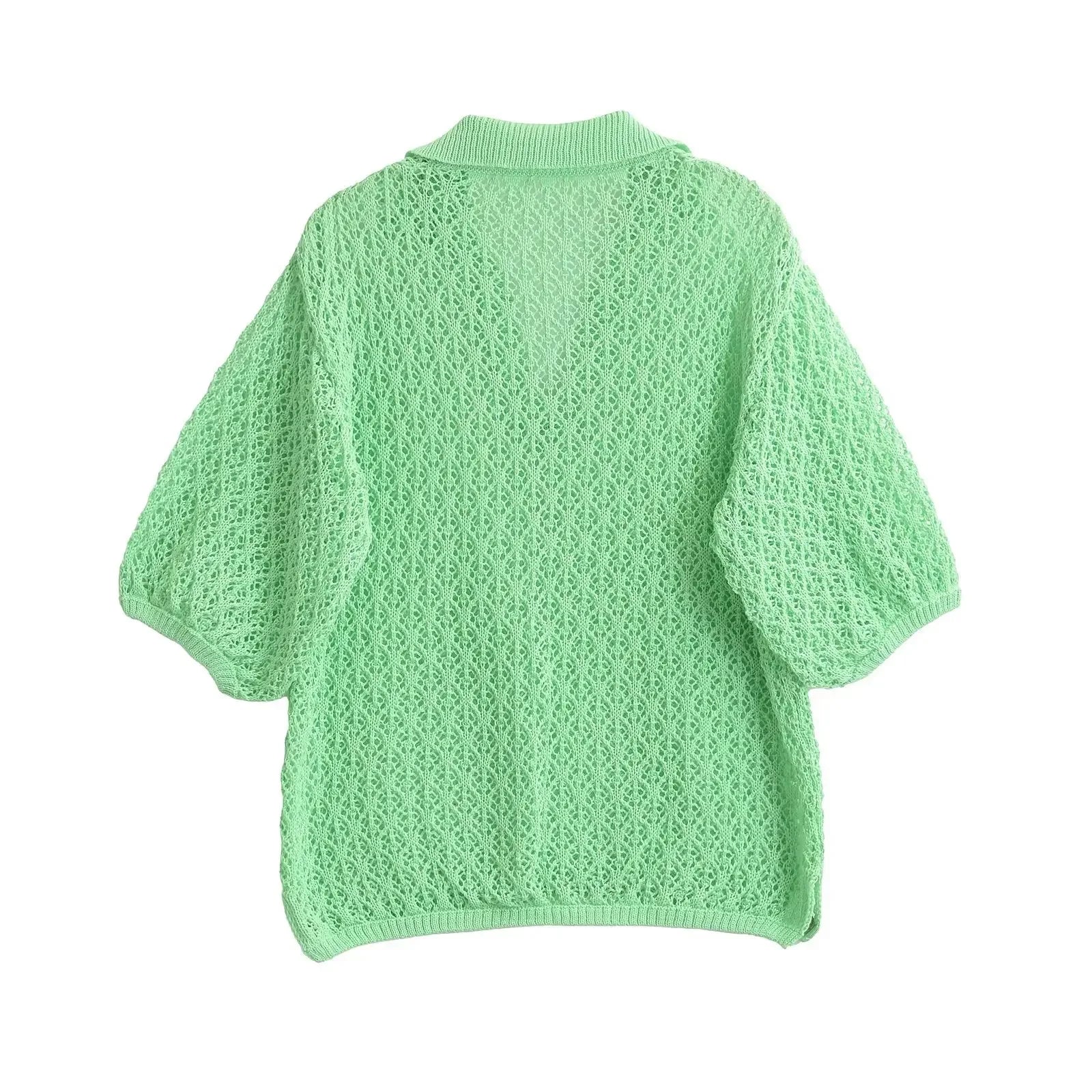 TRAFSHE Women Fashion Jacquard Solid Knitted Hollow Out Pullover Sweater Vintage Lapel Neck Short Sleeve Female Chic Lady Tops - Smarsty