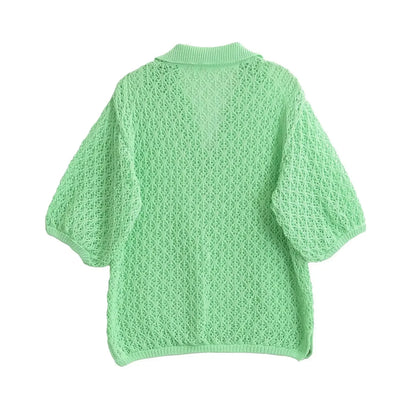 TRAFSHE Women Fashion Jacquard Solid Knitted Hollow Out Pullover Sweater Vintage Lapel Neck Short Sleeve Female Chic Lady Tops - Smarsty