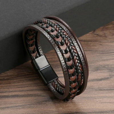 Mens Vintage Multi Layered Leather Bracelet Magnetic Buckle - Smarsty