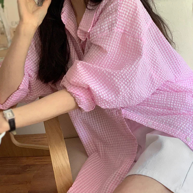 Korean Women's Shirt Sunscreen Long Sleeves Shirt Summer Women's Loose Casual Single Breasted Turndown Collar Plaid - Smarsty
