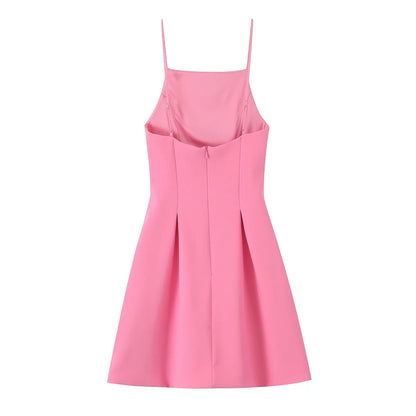 TFMLN Elegant Ladies Pink Spaghetti Strap Dress 2025 Summer New Simple Style Women Slim Short Dress Party Fashion A-Line Dress - Smarsty