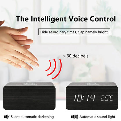 Wooden Digital Alarm Clock with Wireless Charging Feature - Smarsty