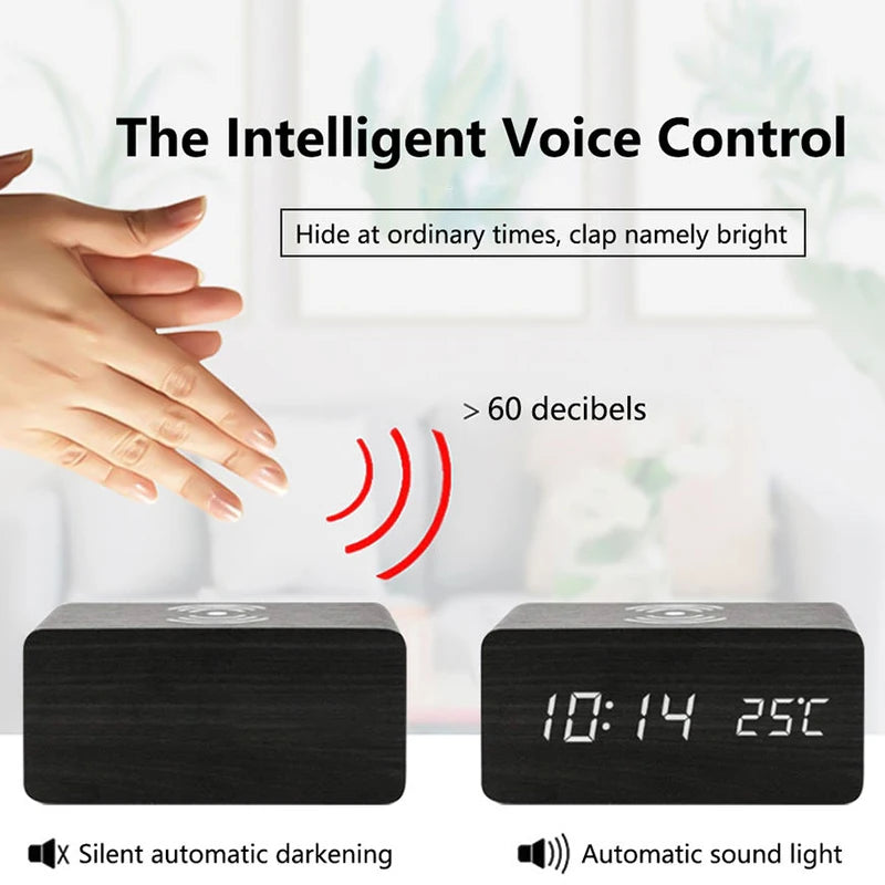 Wooden Digital Alarm Clock with Wireless Charging Feature - Smarsty