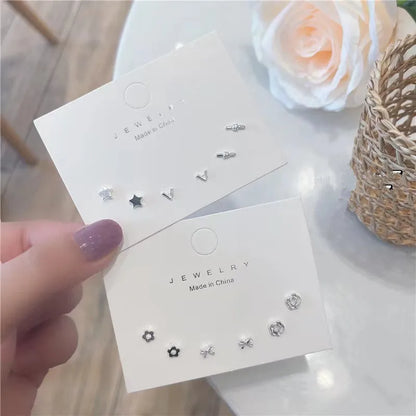 4 Pair Silver Heart Stud Earrings Set Cute Gift Everyday - Smarsty